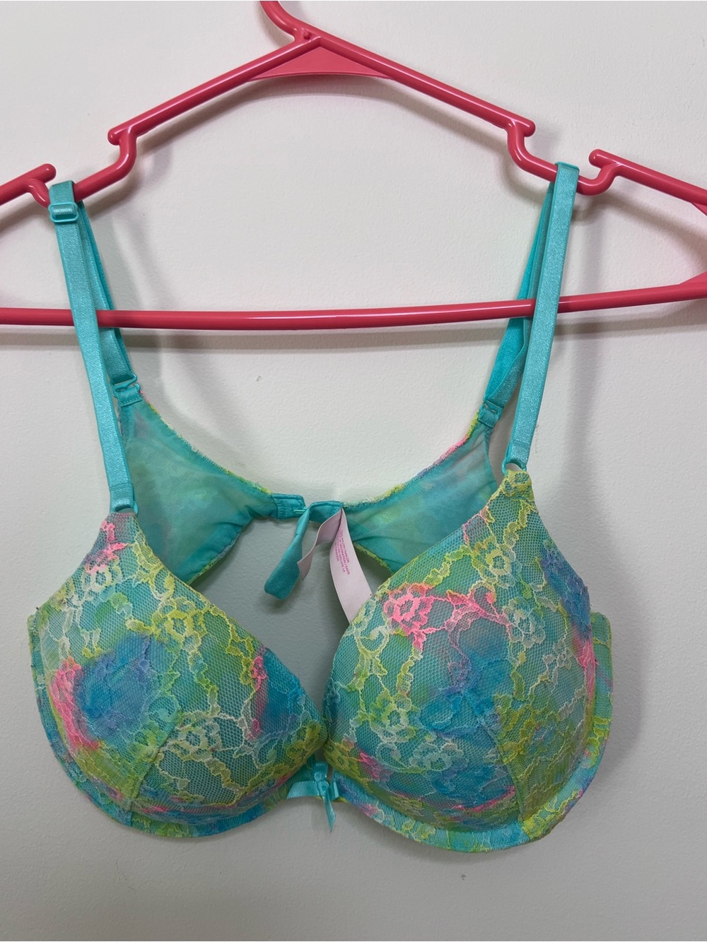 Victoria's Secret Turquoise Multicolor Lace Push-Up Bra with Neon Accents